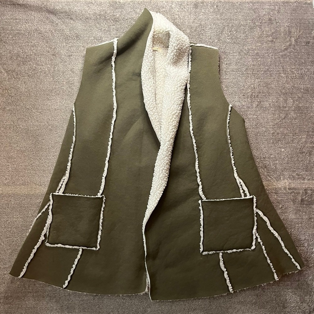 Indigo Soul Womens Large Olive Green Sherpa Lined Open Front Vest Bohemian